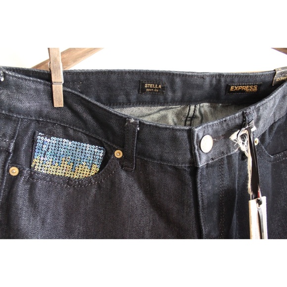 Express NWT Stella Low Rise Bootcut Sequin Embellished Dark Wash Jeans 10 30 - Picture 4 of 9